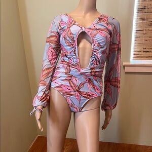 Boutique Floral Long Sleeve One Piece Swimsuit W/ Cutouts Gathering At Waist XXL